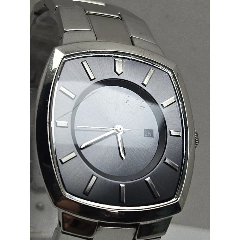 Kenneth Cole Reaction Mens Stainless Steel Blue Dial Date 35mm Watch New Battery
